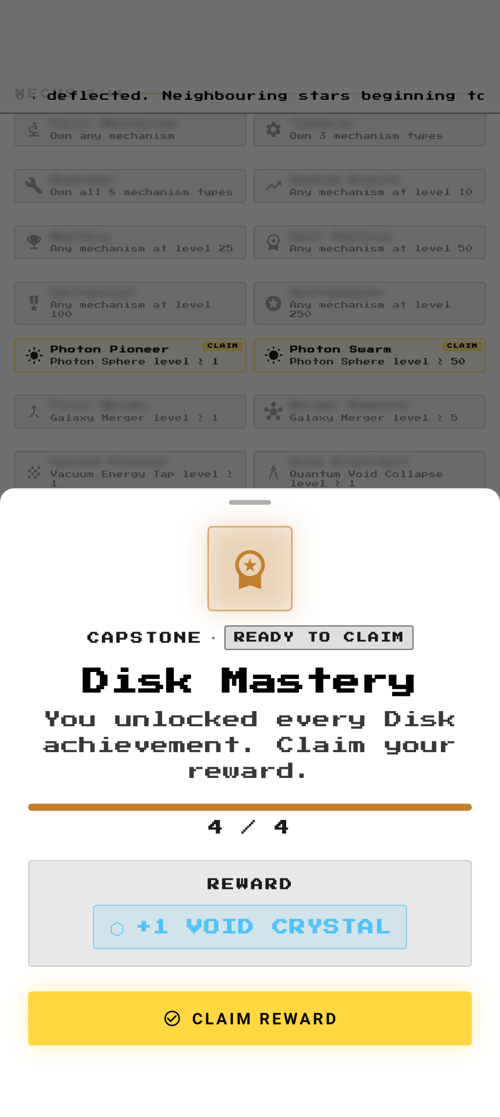Accretion Disk Mastery capstone achievement, ready to claim a Void Crystal reward.