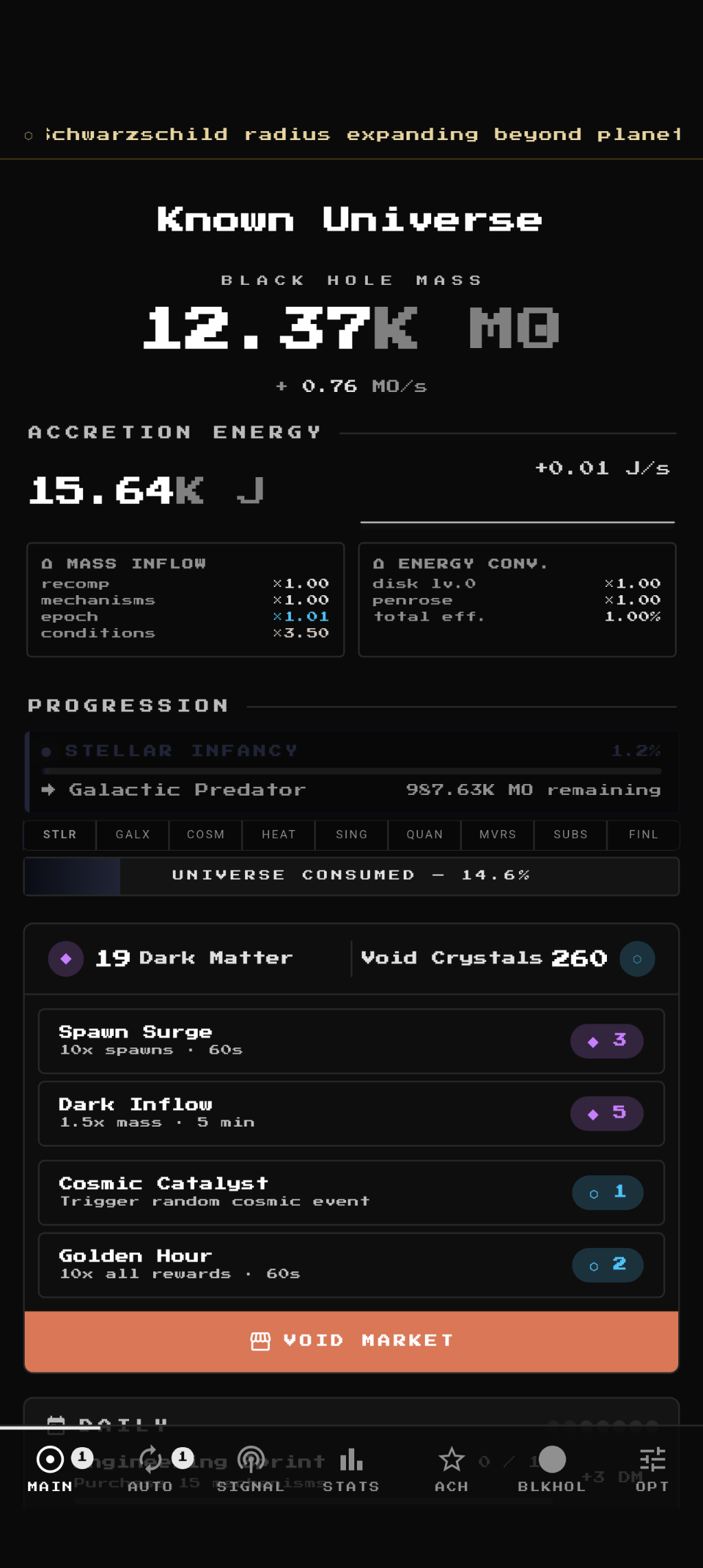 Accretion main HUD in dark mode with the pixel Retro font.