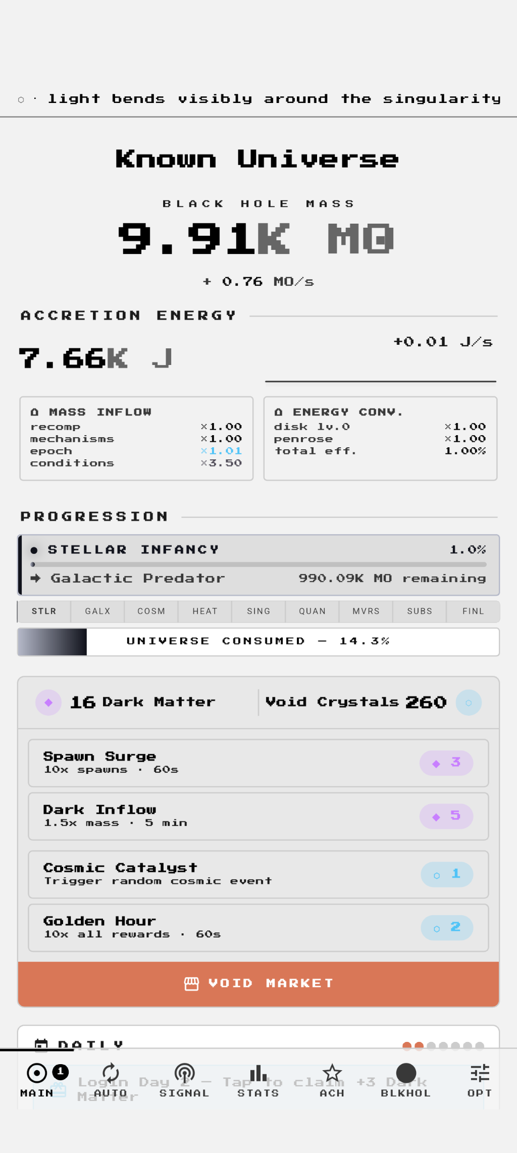Accretion main screen showing black hole mass, accretion energy, progression bar, and dark matter inventory.