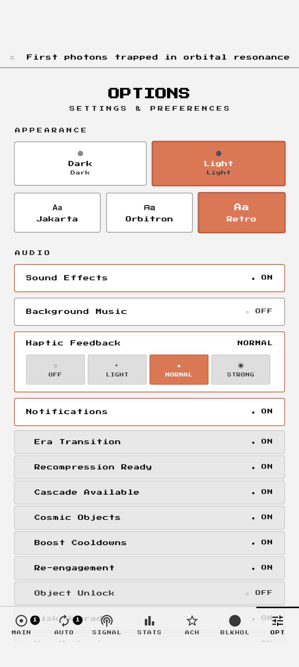 Accretion options screen showing Dark/Light toggle and three font choices: Jakarta, Orbitron, Retro.