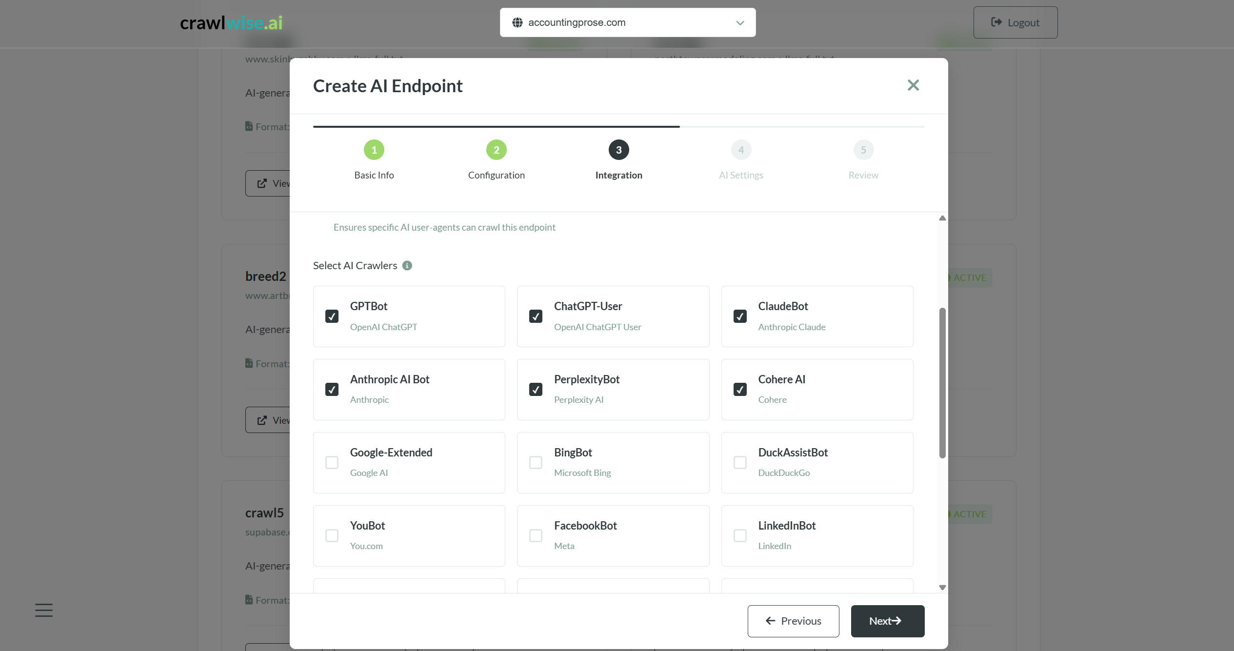crawlwise.ai Create AI Endpoint wizard, Integration step, with crawler allow-list including GPTBot, ChatGPT-User, ClaudeBot, Anthropic AI Bot, PerplexityBot, and Cohere AI.