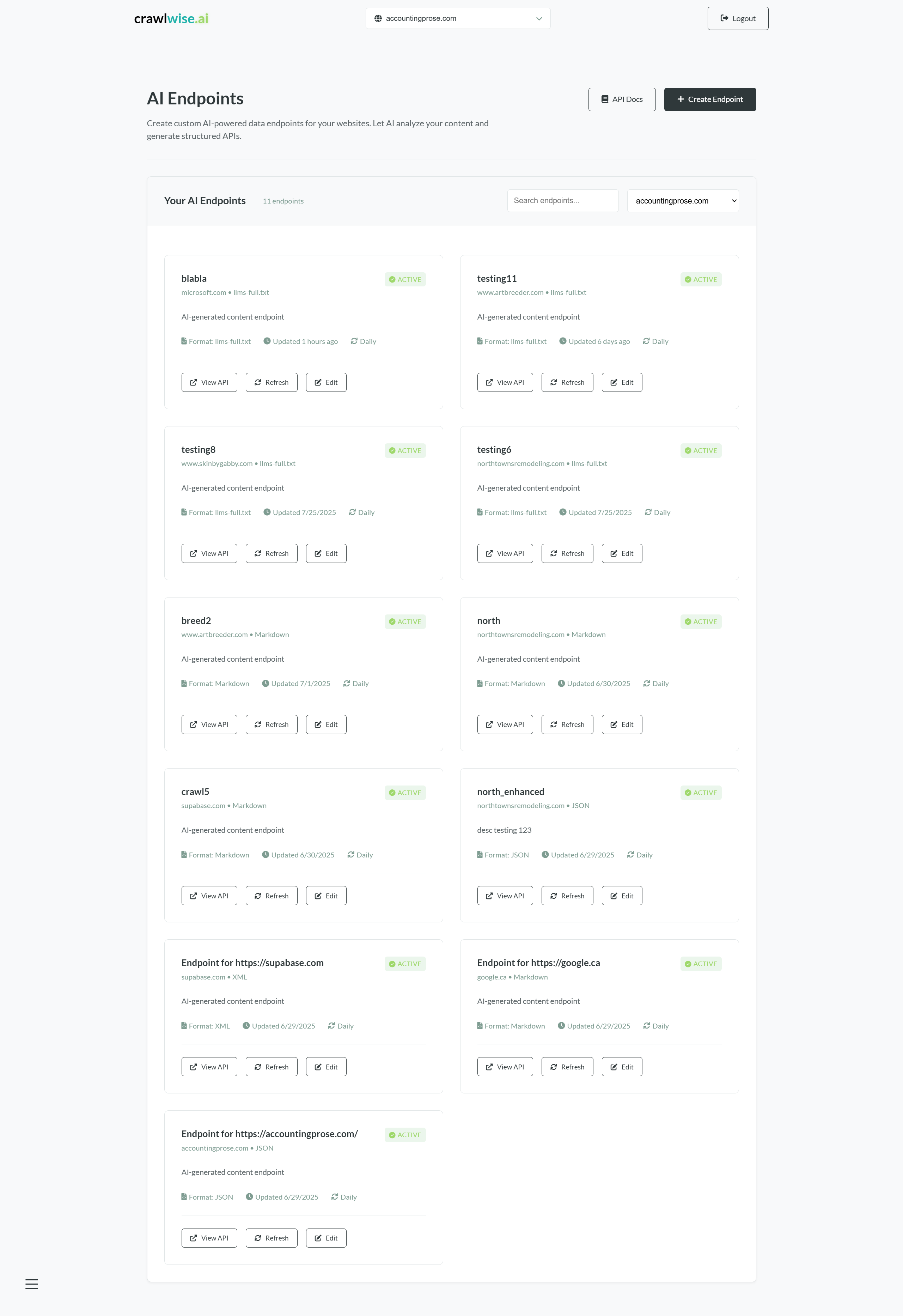 crawlwise.ai AI Endpoints screen listing active endpoints with format, update frequency, and actions per website.