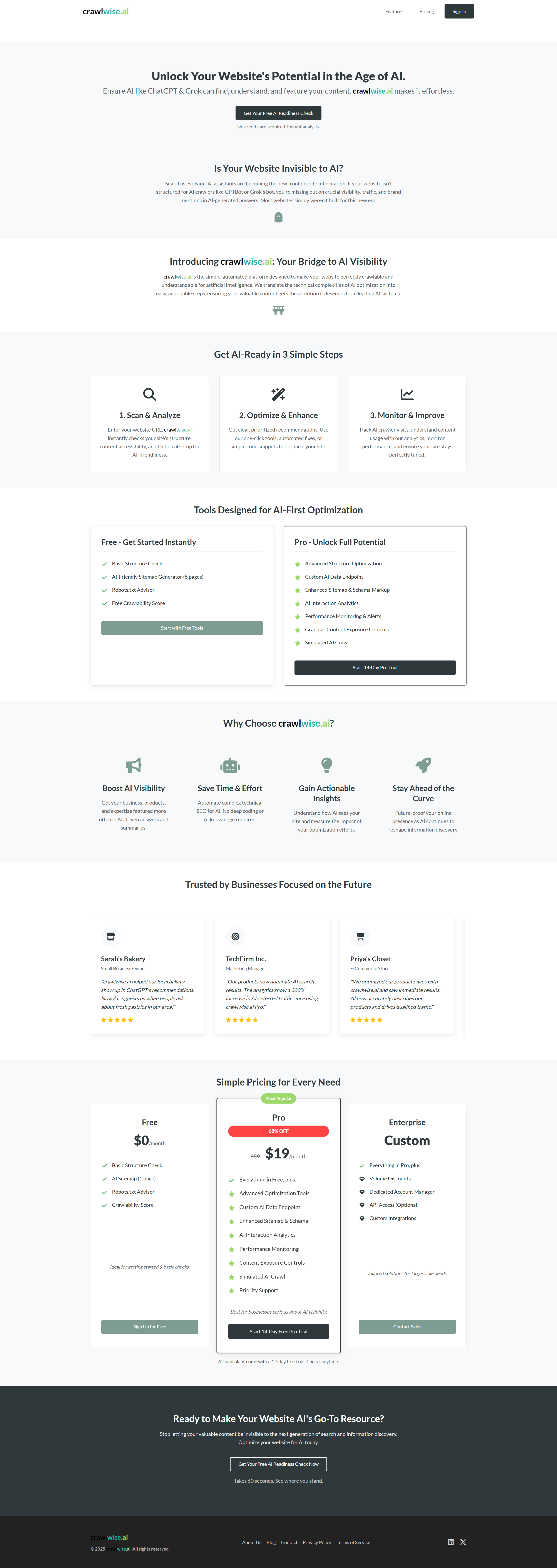 crawlwise.ai marketing page explaining AI visibility, feature breakdown, pricing tiers, and CTA.