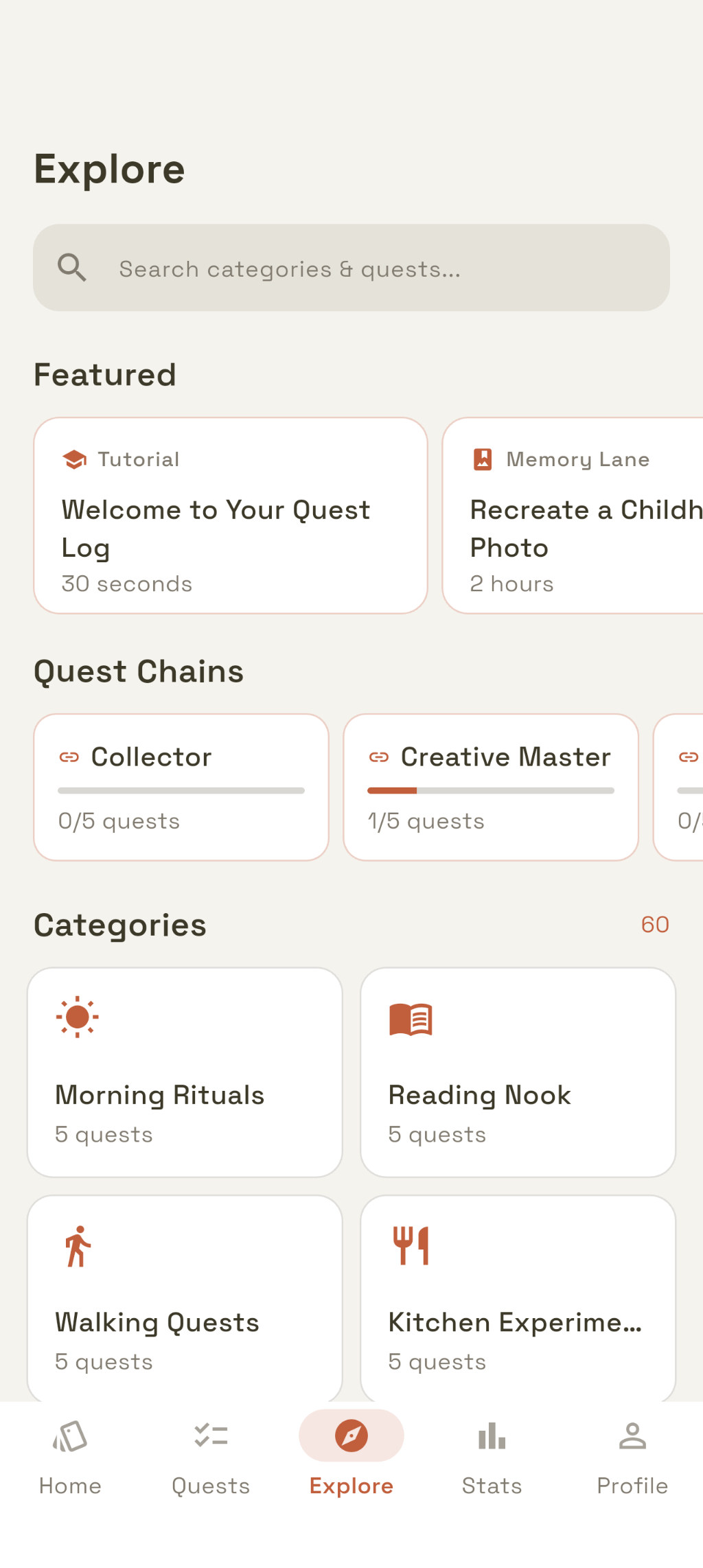 QuestDex Explore screen with featured quests, quest chains, and categories like Morning Rituals and Walking Quests.