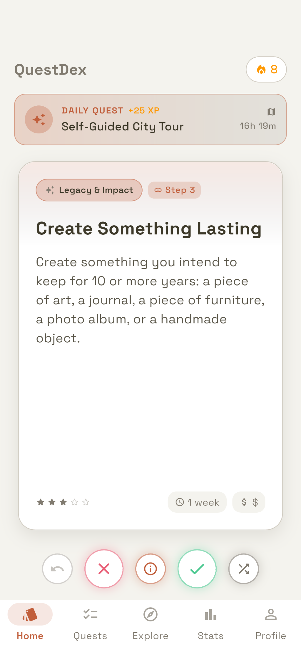 QuestDex home screen with a daily quest card and a swipeable 'Create Something Lasting' quest.