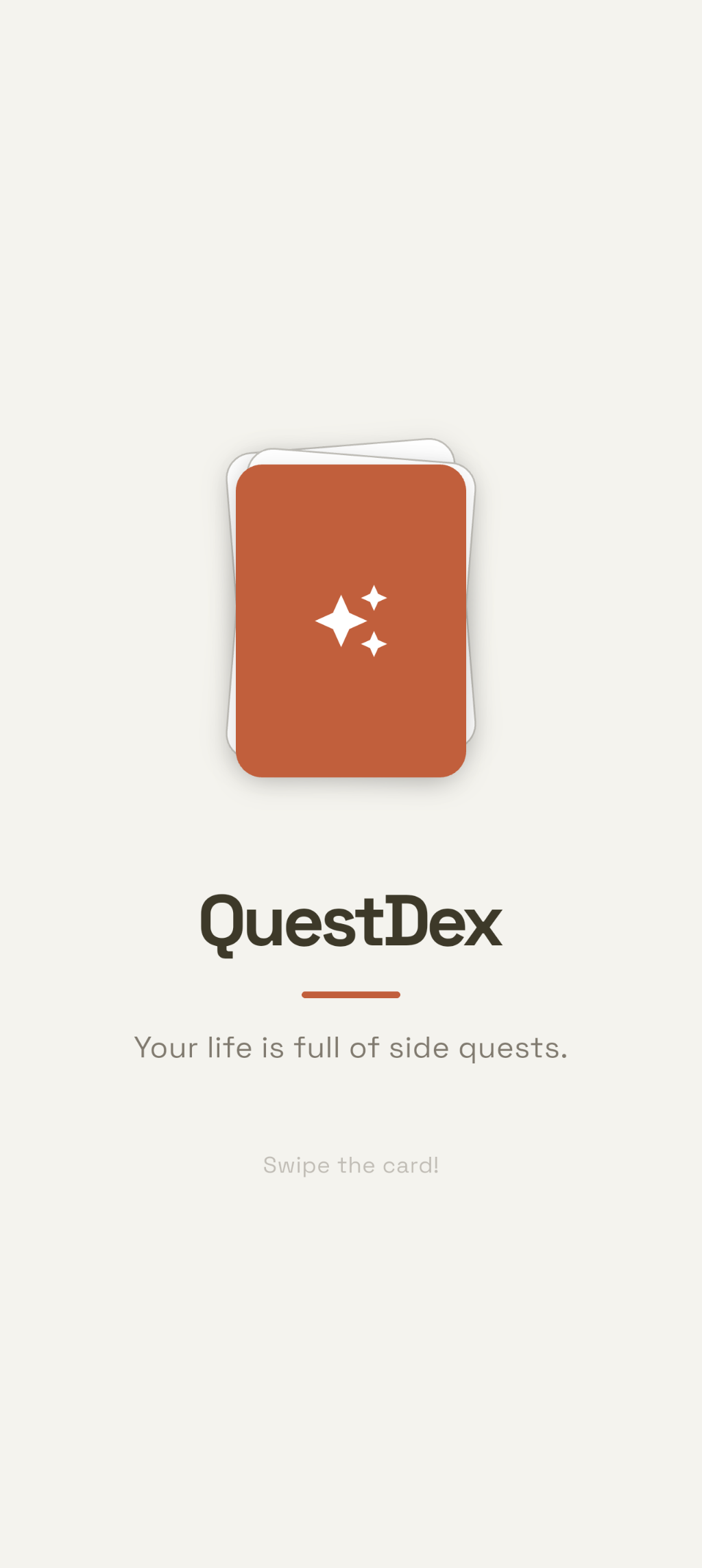 QuestDex splash — a deck of orange quest cards with the tagline 'Your life is full of side quests.'