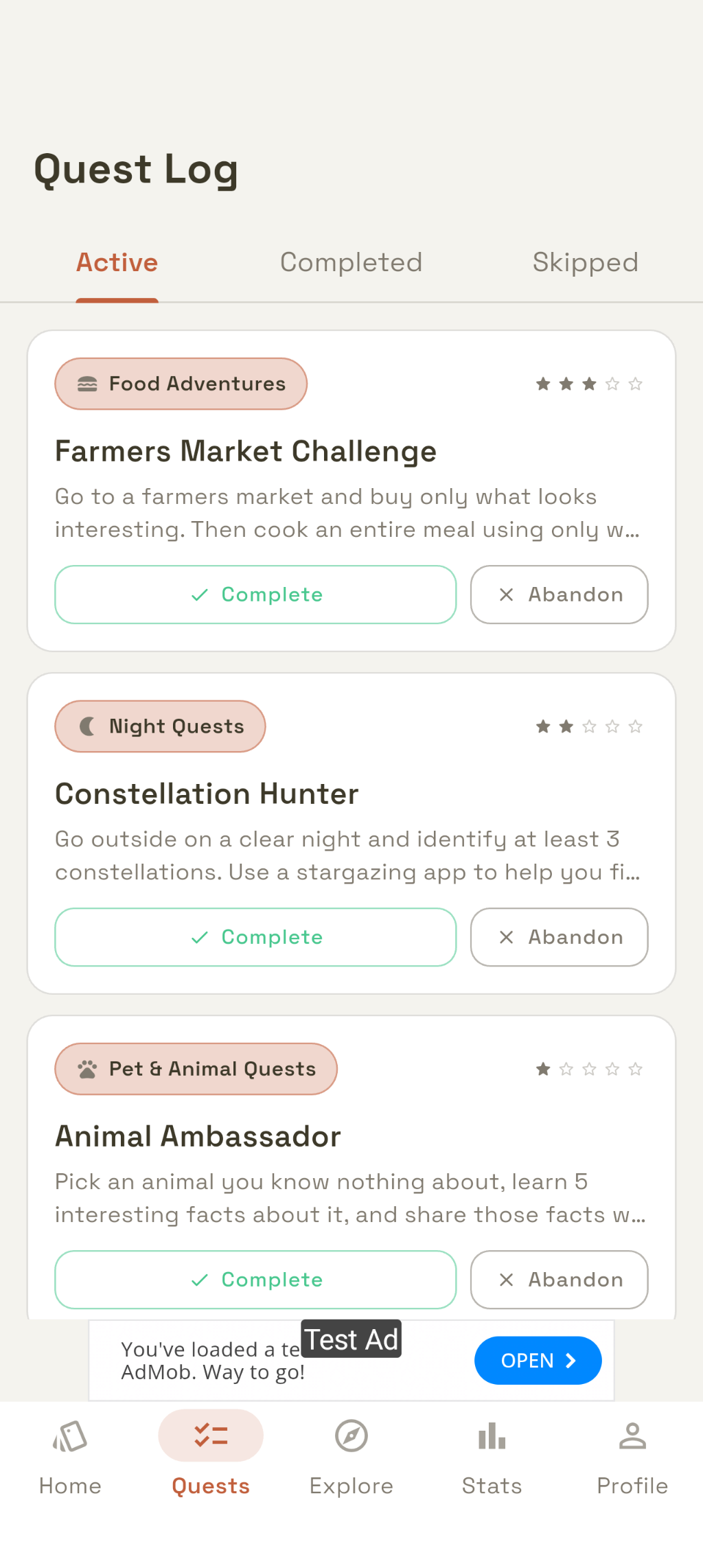 QuestDex Quest Log with active quests: Farmers Market Challenge, Constellation Hunter, Animal Ambassador.