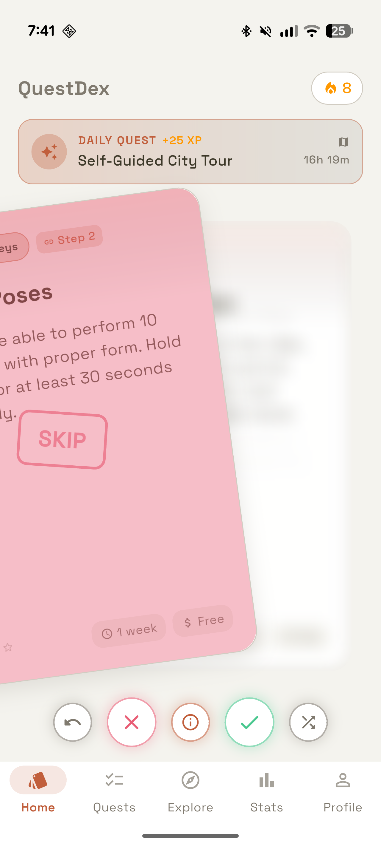 QuestDex quest card tilted pink with a large 'SKIP' stamp, showing the moment the player swipes left to pass on the quest.