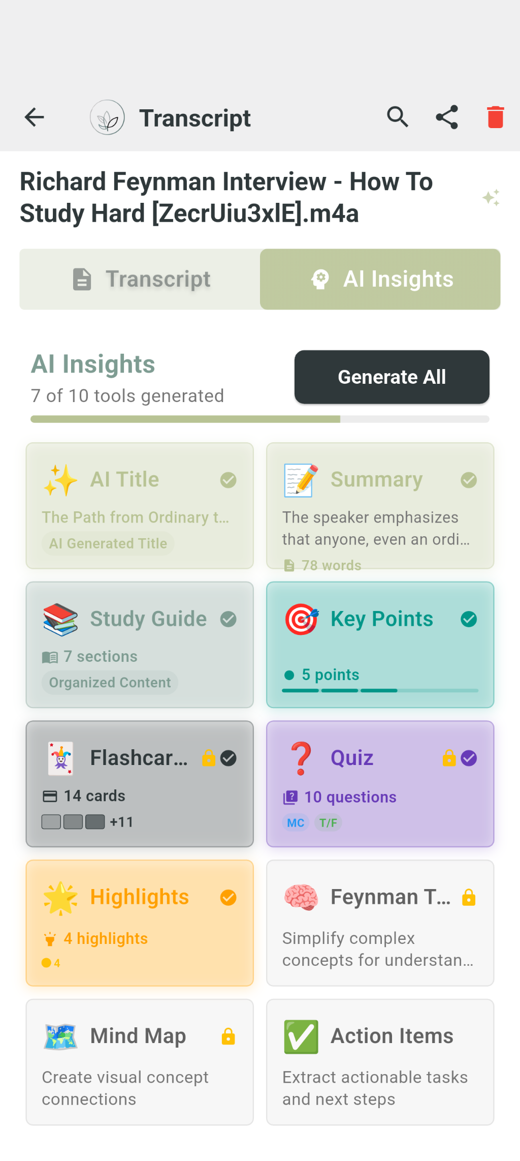 whisperleafai AI Insights for a transcript: Summary, Study Guide, Key Points, Flashcards, Quiz, Highlights, Mind Map, Action Items.