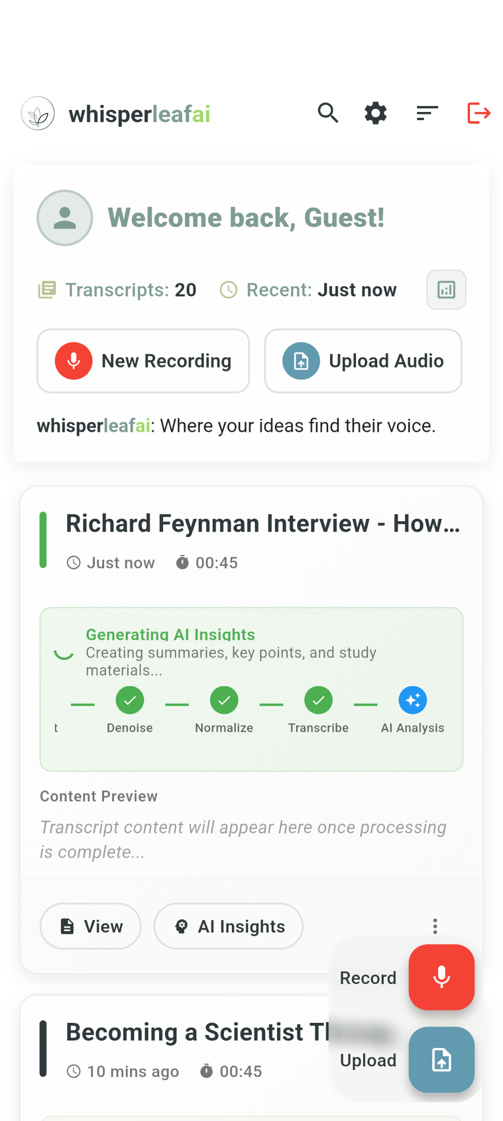 whisperleafai library showing the welcome screen, transcript count, and a Richard Feynman interview mid-processing through Denoise, Normalize, Transcribe, and AI Analysis.