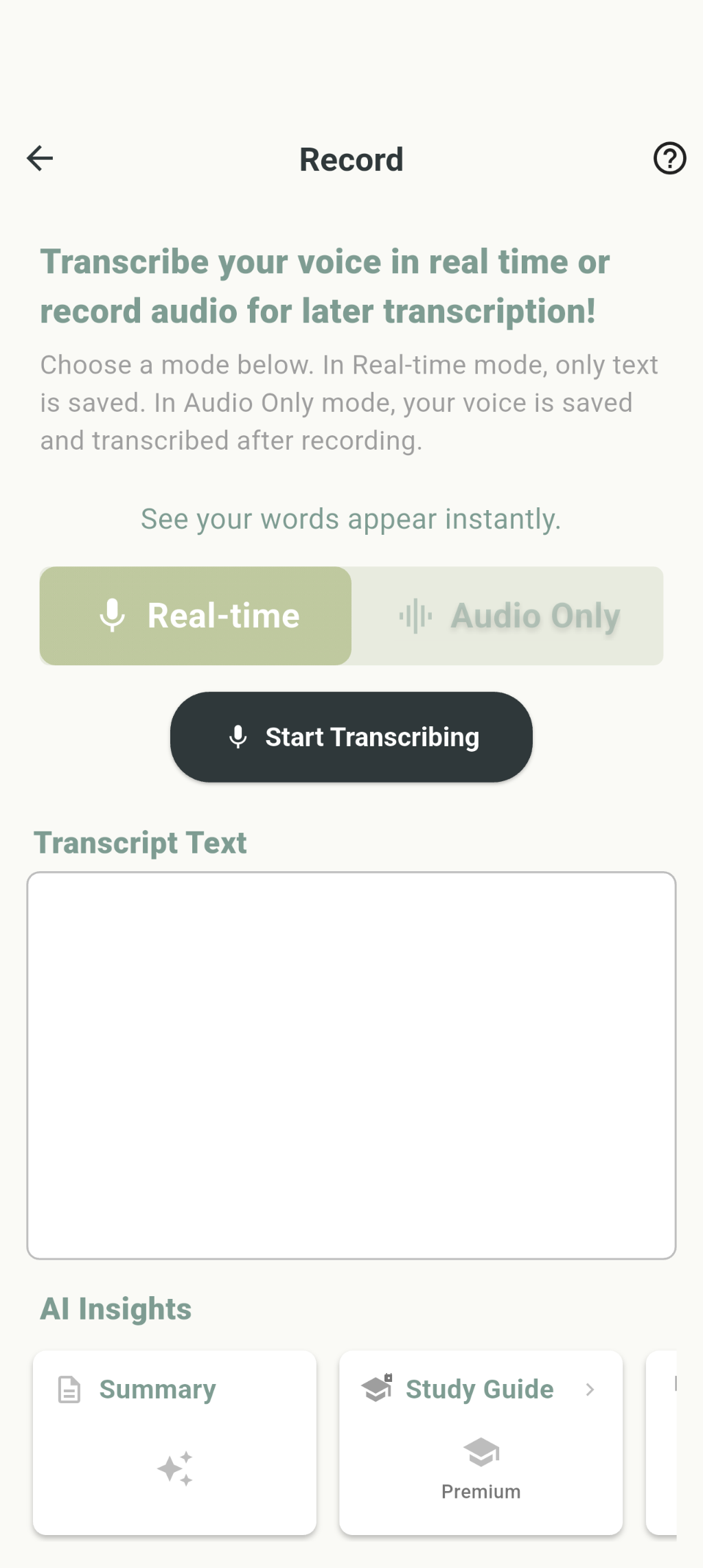 whisperleafai record screen in real-time mode with an empty transcript box and a Start Transcribing button.