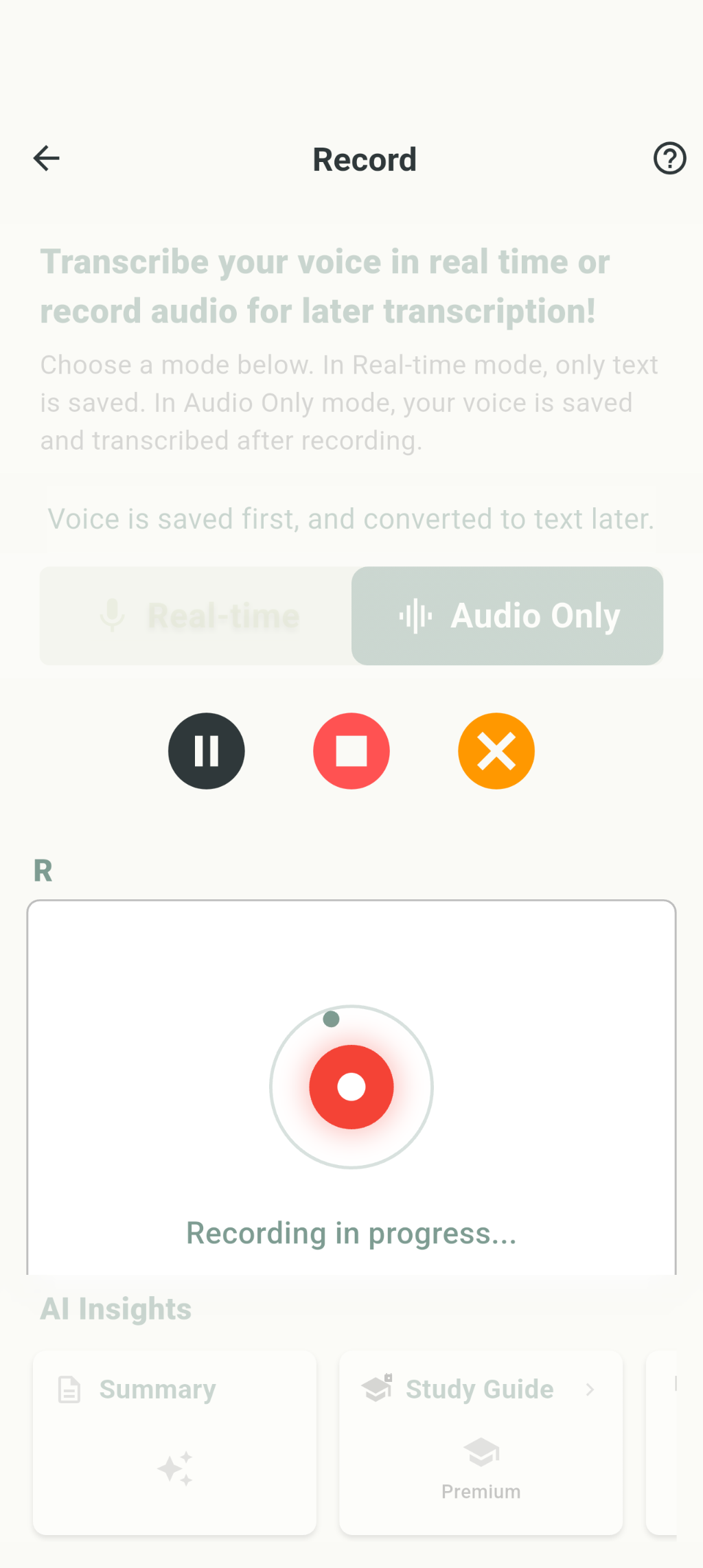 whisperleafai recording in progress in Audio Only mode, pulsing red record indicator with pause, stop, and cancel controls.